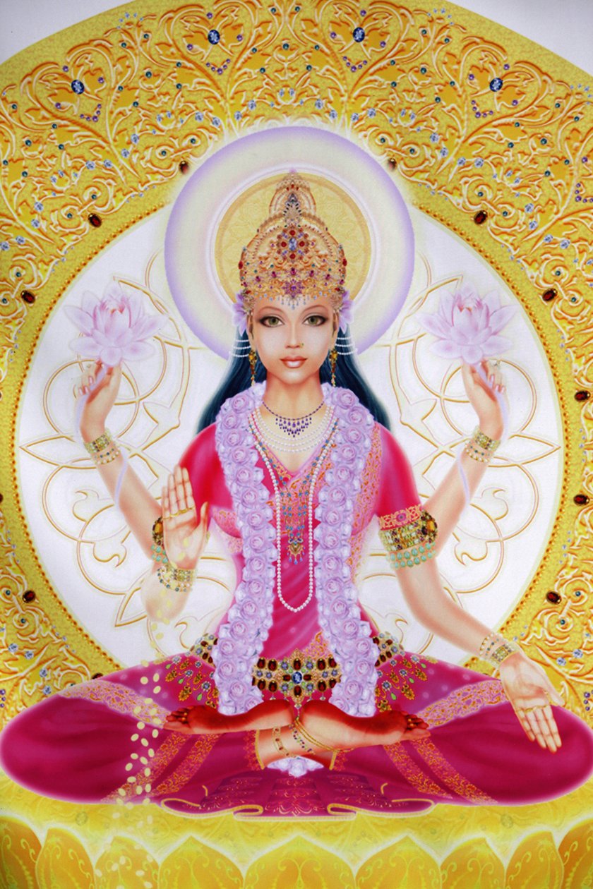 Bild som visar Lakshmi, rikedomens gudinna och gemål till Lord Vishnu, sittande och håller lotusblommor av Unbekannt
