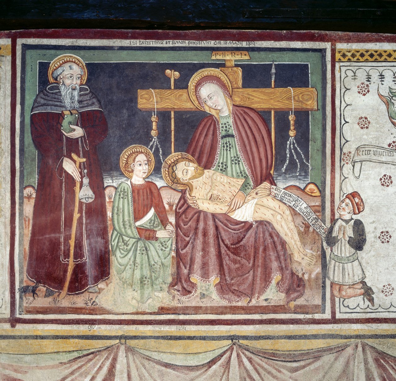 Pieta med St Anthony Abbot, fresk, Homo Salvadego museum, Sacco, Cosio Valtellino, Lombardiet, Italien av Benjamin Baud