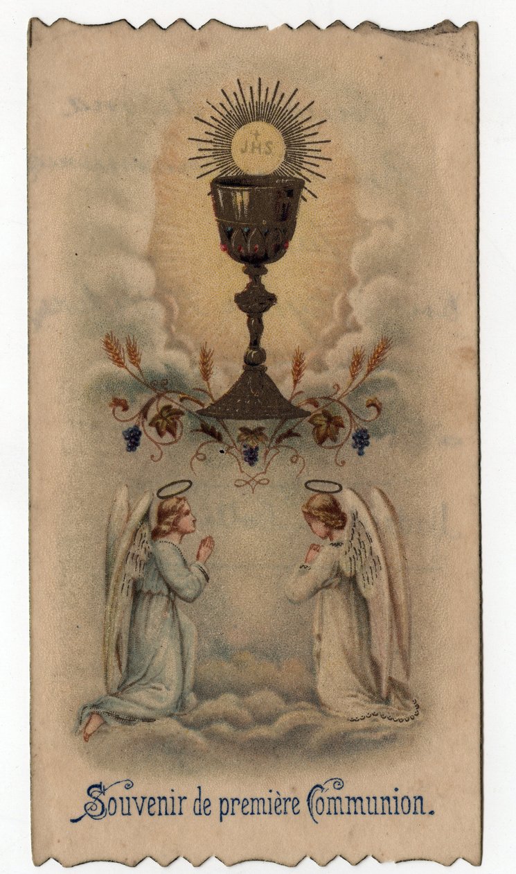 Fromma bild: två änglar ber inför en bägare varifrån en värd kommer ut med JHS christogram - Bild ges för en första nattvard 1925 av Unbekannt