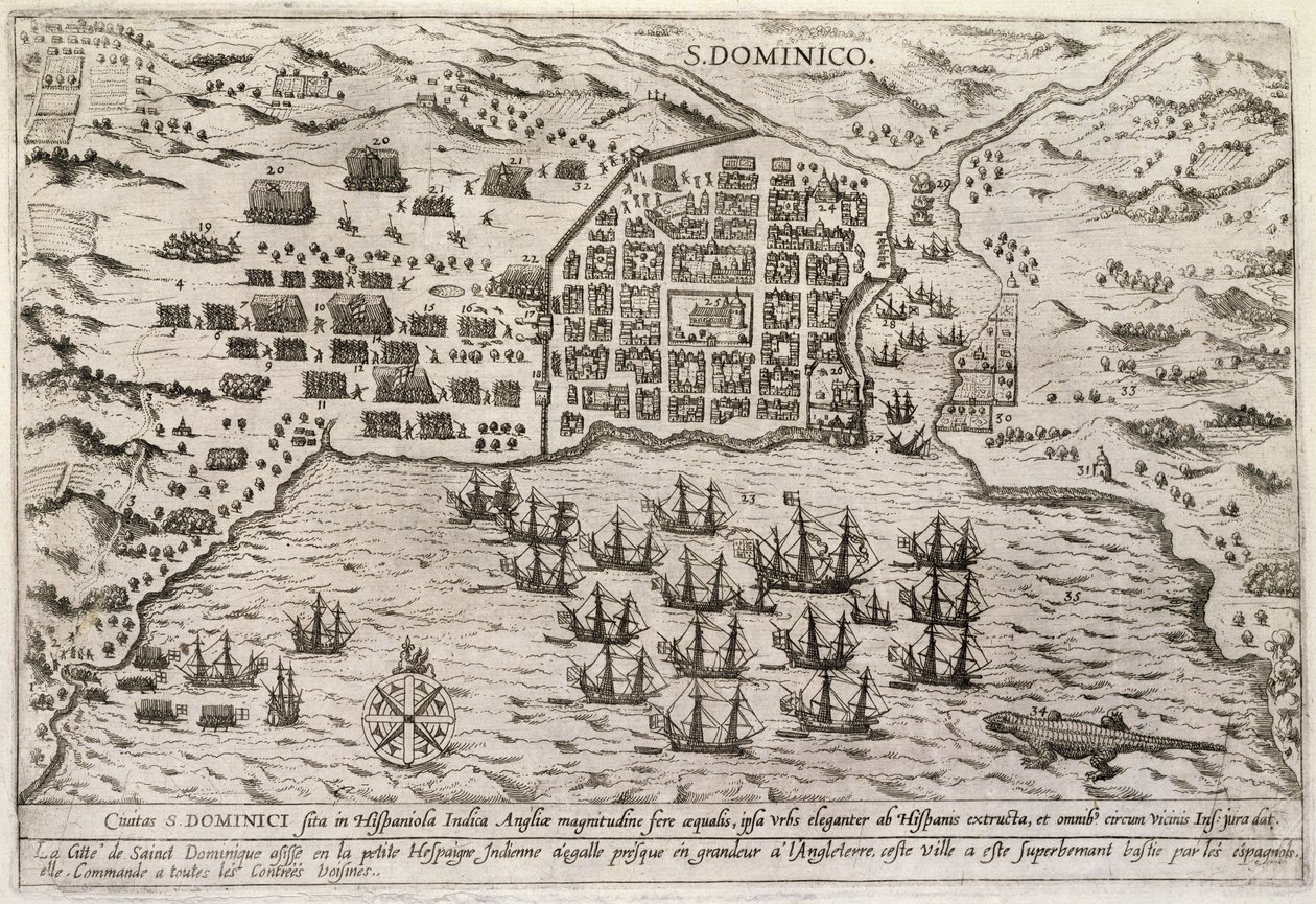 Plan för Drakes attack mot Santo Domingo, ca 1595 (gravyr) av Unbekannter Künstler
