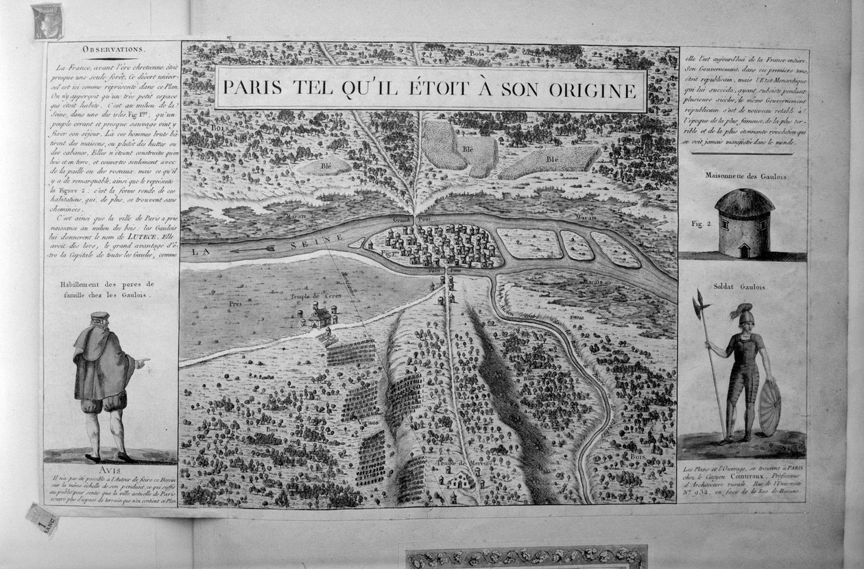 Plan över Paris vid gallernas tid: "Paris, som det var vid sitt ursprung" (Lutece) - gravyr. av Unbekannt