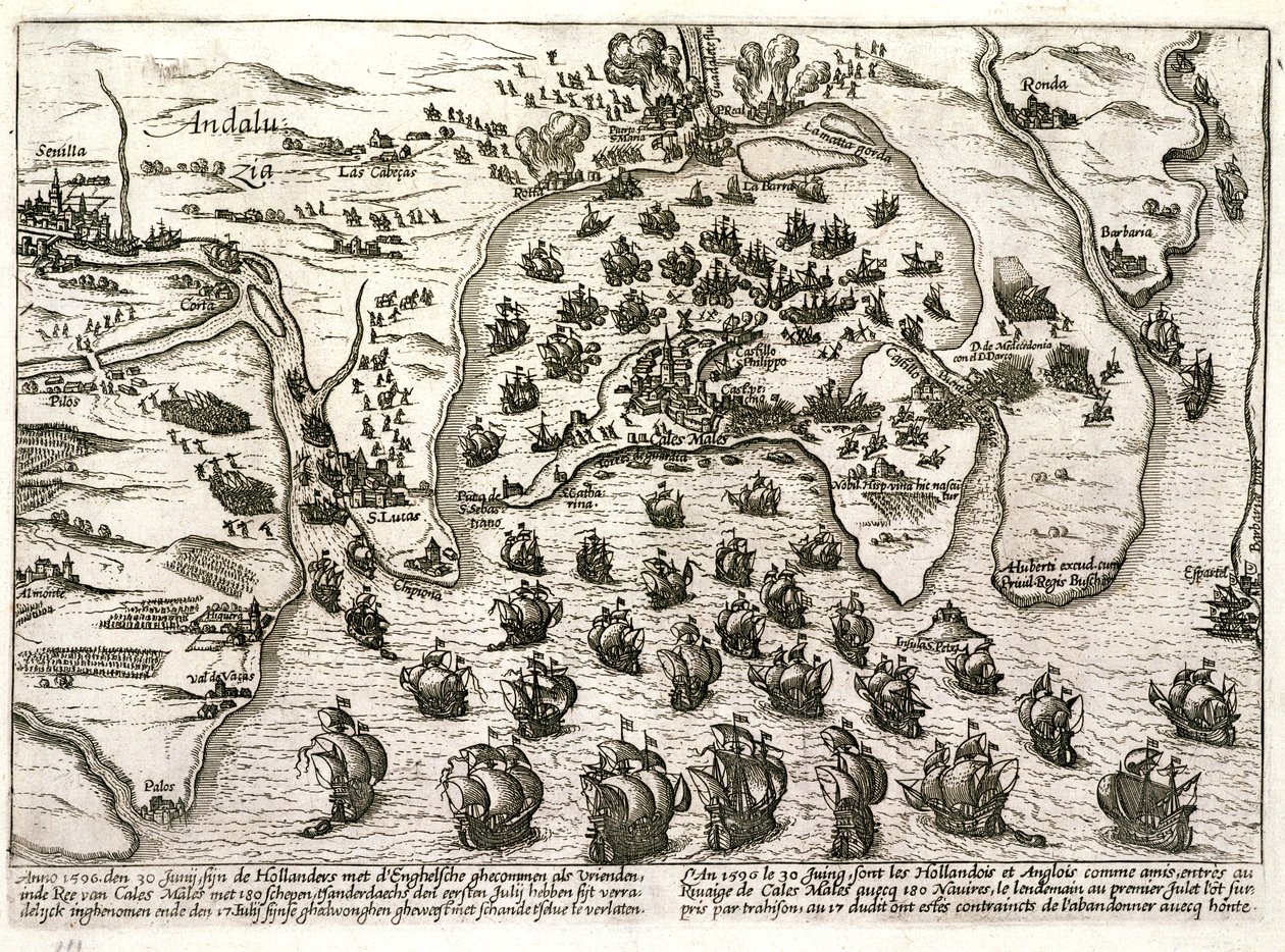 Plan över hamnen i Cadiz 1596 vid tiden för attacken av Sir Walter Raleigh (gravyr) av Unbekannter Künstler