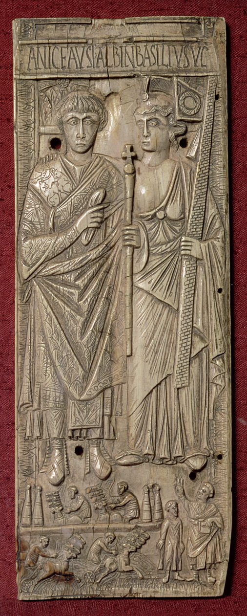 Tavla föreställande Basiliscus, kejsaren av östern (d.478) med en stridsvagn nedanför, romersk, 480 e.Kr. (elfenben) av Unbekannt