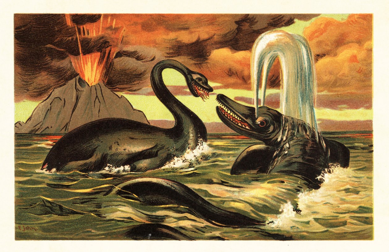 Plesiosaurus och Ichthyosaurus kämpar framför ett utbrott 1908 (litografi) av Unbekannter Künstler
