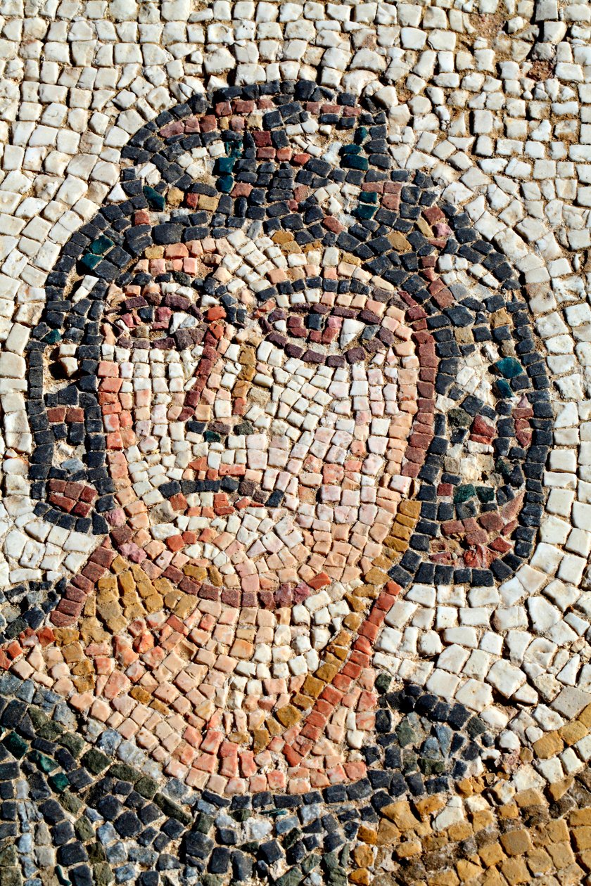 Porträtt av Ambrosia - Symbol för gudarnas mat och odödlighet - Detalj från panelen som representerar det första badet av akilles - Paphos Mosaics, Villa of Theseus, 500-talet e.Kr. - Cypern - Porträtt av Ambrosia, symbol för gudarnas mat och odödliga av Unbekannt