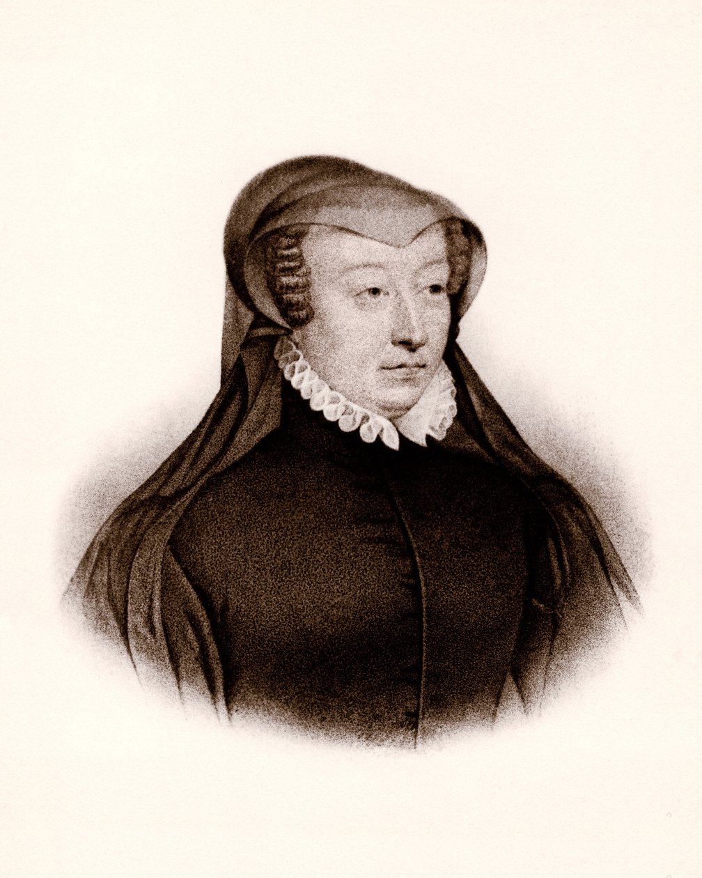 Porträtt av Katarina av Medicis (Caterina de Medici) (1519-1589). Drottning av Frankrike, gravyr från 1800-talet av Unbekannter Künstler