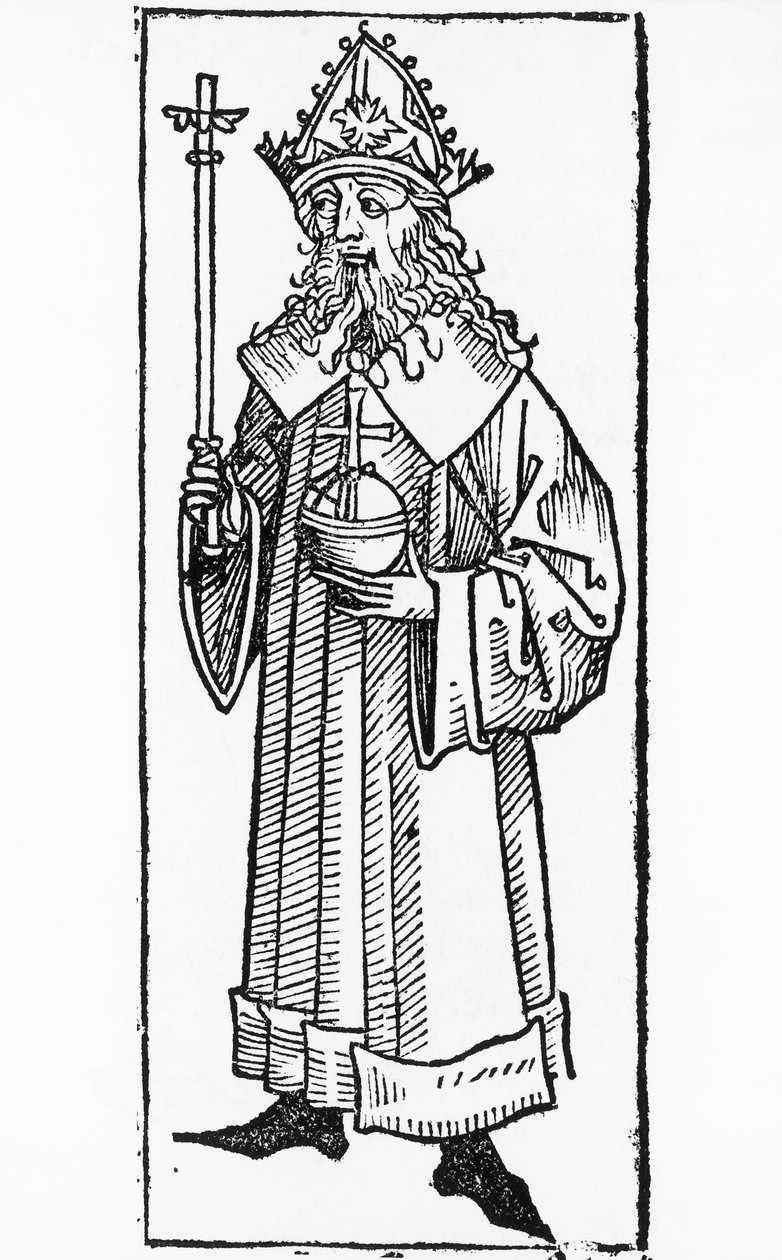 Porträtt av Karl IV av Luxemburg (1316-1378), tysk kung och kung av Böhmen (som Karl) från 1346 till 1378, och den helige romerske kejsaren från 1355 till 1378, träsnitt av William M. Timlin