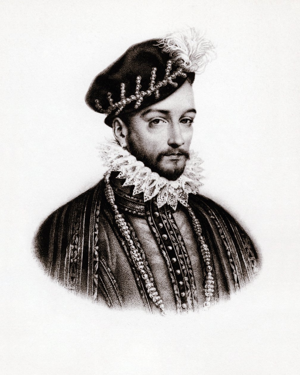 Porträtt av Karl IX (1560-1574), kung av Frankrike, gravyr, sd. av Unbekannter Künstler