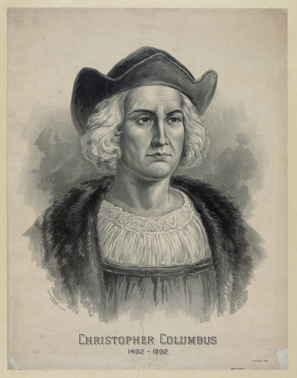 Porträtt av Christopher Columbus (1451 - 1506), ca 1892 (litografi) av Unbekannt