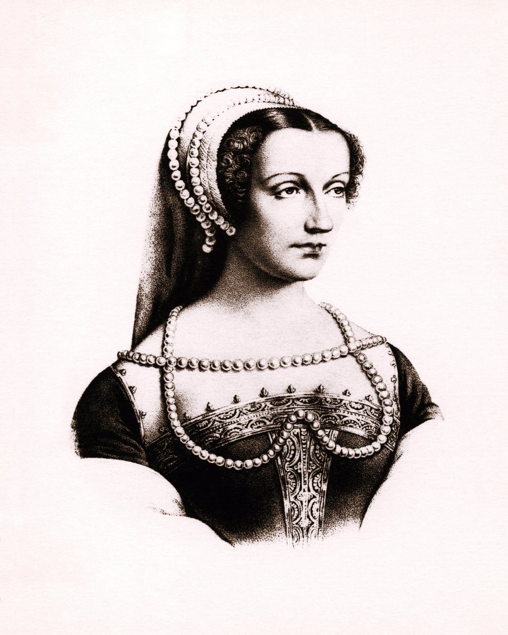 Porträtt av Claude de France (1490-1524), drottning av Frankrike, gravyr, sd. av Unbekannter Künstler