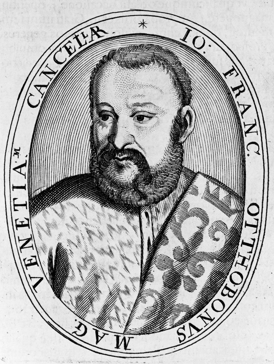 Porträtt av Francesco Ottoboni (1500-talet), Venedigs storkansler, gravyr av William M. Timlin