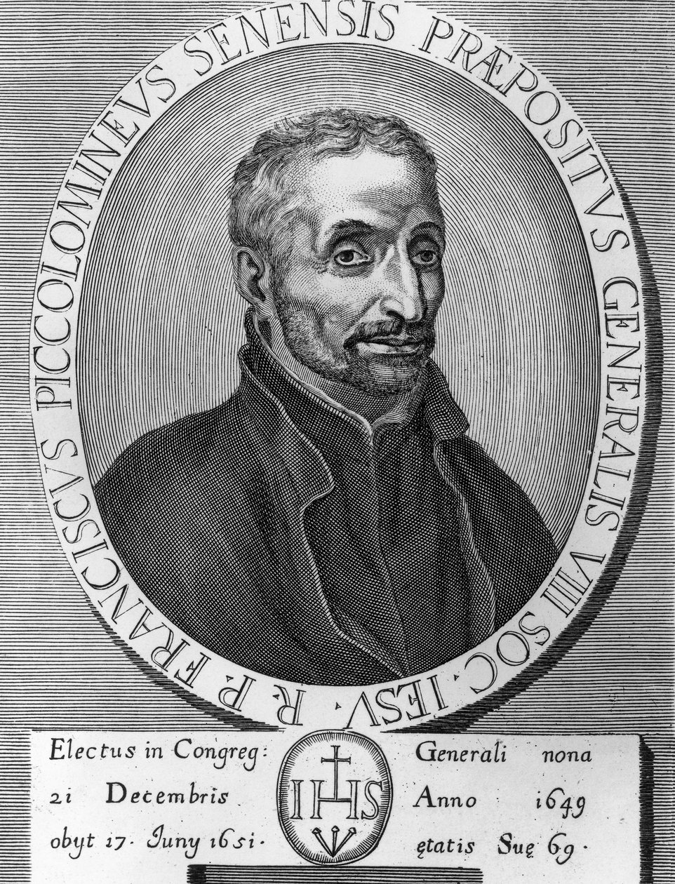 Porträtt av Francesco Piccolomini (1582-1651), italiensk jesuit, var överordnade i Society of Jesus från 1649 till 1651, gravyr av William M. Timlin