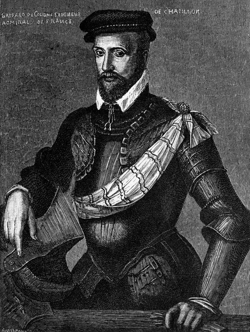 Porträtt av Gaspard de Coligny, Seigneur de Chatillon (1519-1572), fransk adelsman, amiral och hugenottledare i franska religionskrigen, gravyr av William M. Timlin