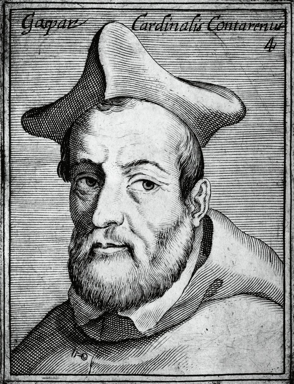 Porträtt av Gasparo Contarini (1483-1542), italiensk kardinal och biskop, gravyr från de mest berömda ikonerna av all dygd och vetenskap, av Claudius Pernetus av William M. Timlin
