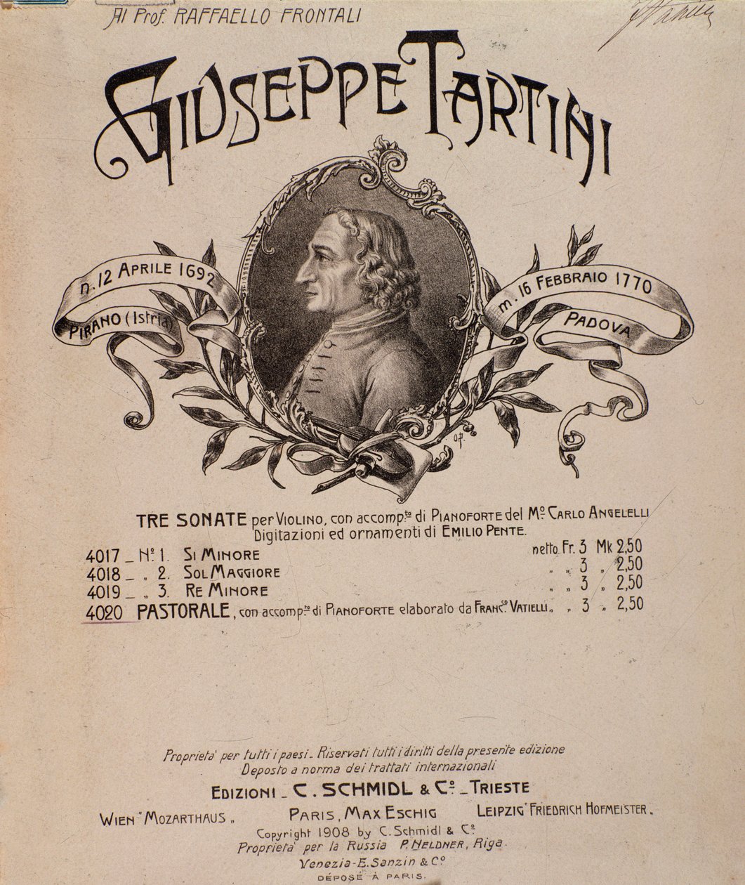 Porträtt av Giuseppe Tartini. Frontispice av musikaliska partitur av Sonatas av Unbekannter Künstler