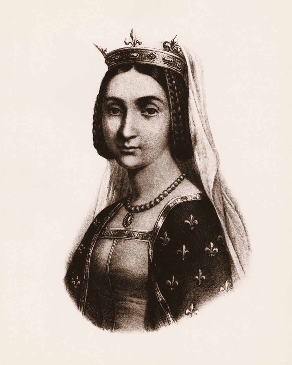 Porträtt av Johanna av Frankrike eller Valois (1464-1505), drottning av Frankrike. gravyr av Unbekannter Künstler