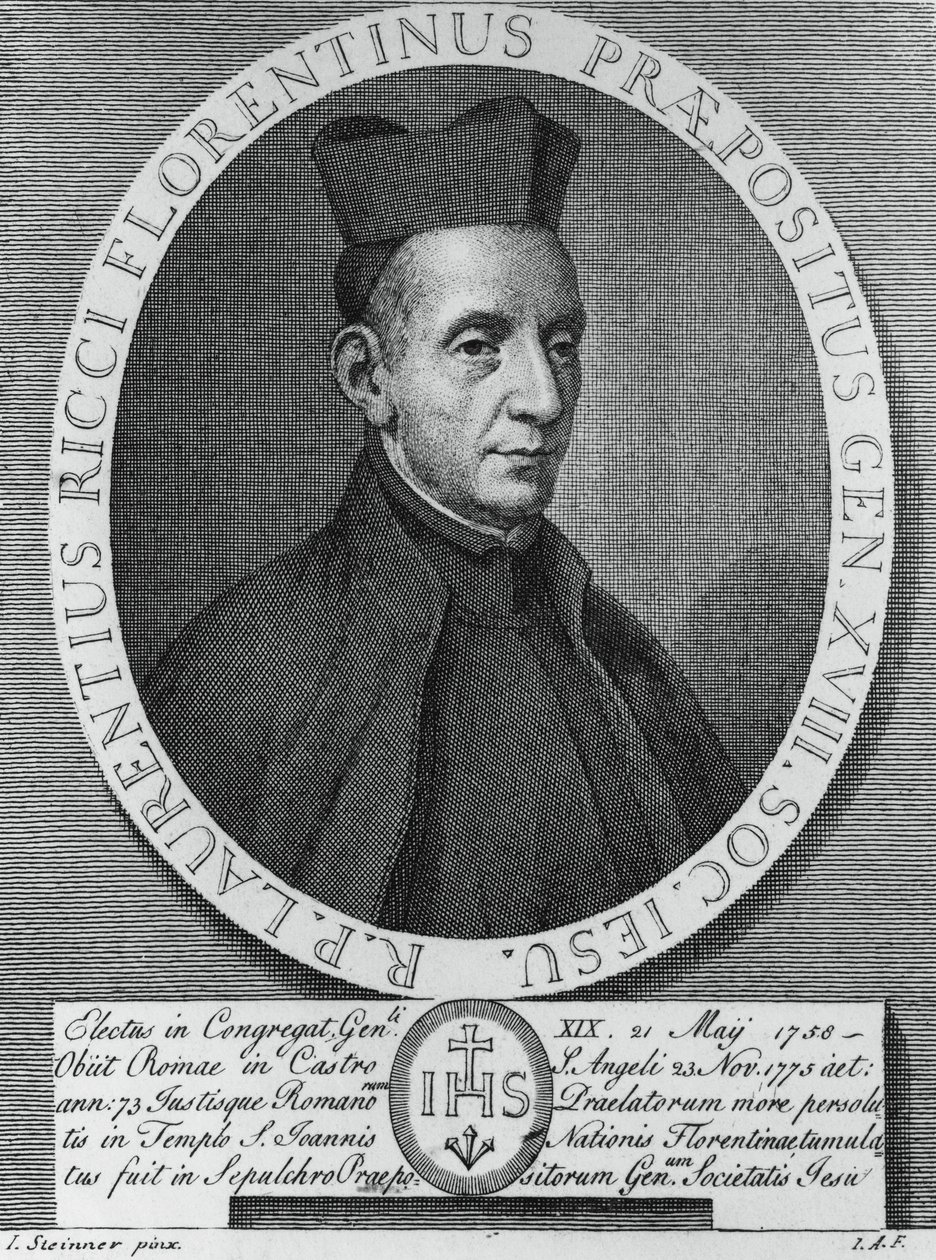 Porträtt av Lorenzo Ricci (1703-1775), italiensk jesuit och 18:e överordnade generalen för Jesu Society, gravyr av William M. Timlin