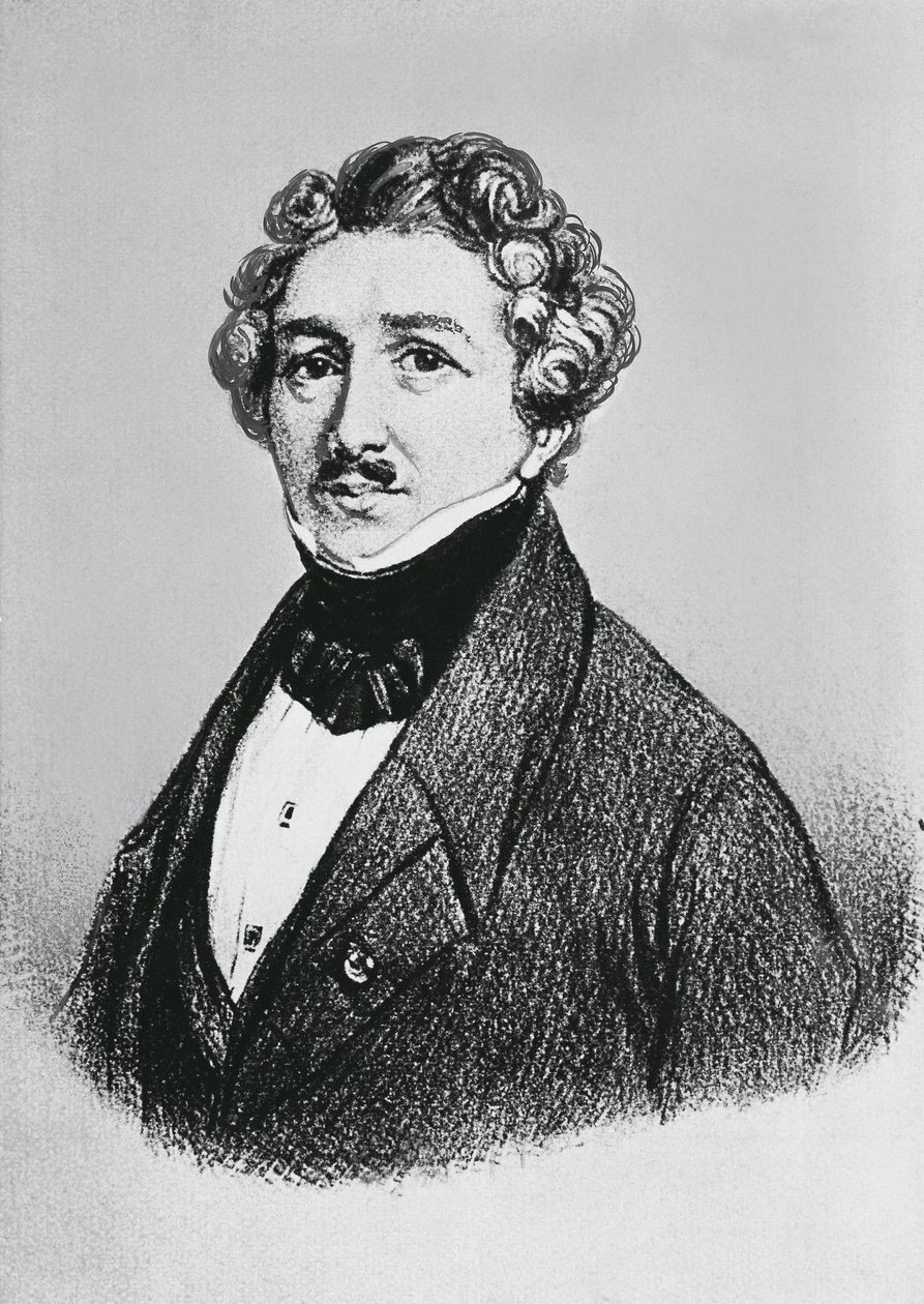 Porträtt av Louis-Jacques-Mande Daguerre (1787-1851), fransk konstnär, fysiker och kemist, känd för sin uppfinning av fotoprocessen daguerreotypi av William M. Timlin