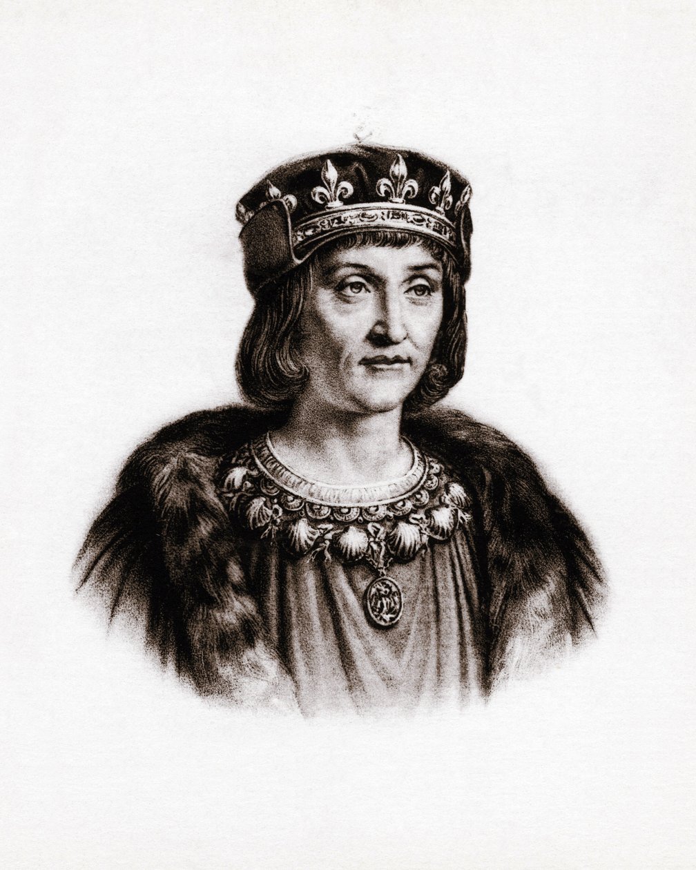 Porträtt av Ludvig XII (1462-1515), kung av Frankrike. Gravyr av Unbekannter Künstler