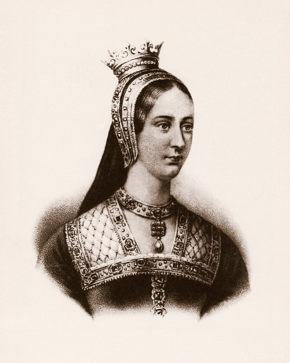 Porträtt av Maria Iere av England (eller Marie Tudor) (1497-1534), drottning av Frankrike, gravyr, sd. av Unbekannter Künstler
