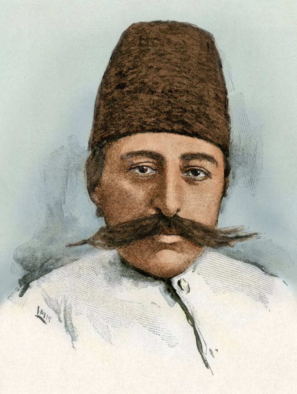 Porträtt av Mozaffar ad-din (ad Din) (Mozaffer ed dine, Mozaffer-ed-dine, Mozzafar-al-Din, Mozzafar al-Din, Mozaffaredin) (1853-1907), shah av Iran mellan 1896 och 1907. Färggravyr från 1800-talet. av Unbekannter Künstler