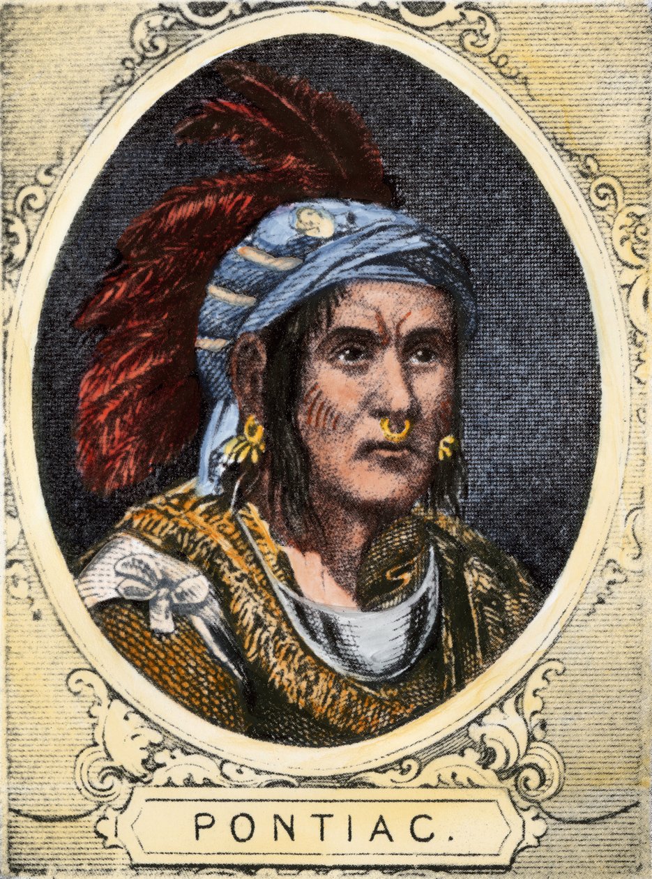 Porträtt av Pontiac (eller Obwandiyag, ca 1714-1769), hövding för Outaouais-indianernas stam i Detroit (Ottawa-nationen). Färggravyr från 1800-talet. av Unbekannter Künstler