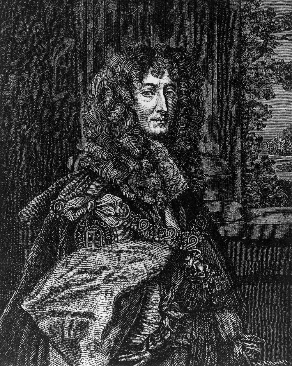 Porträtt av prins Rupert Wittelsbach av Rhen (1619-1682), hertig av Bayern, hertig av Cumberland, jarl av Holderness, tysk general och amiral, gravyr av William M. Timlin