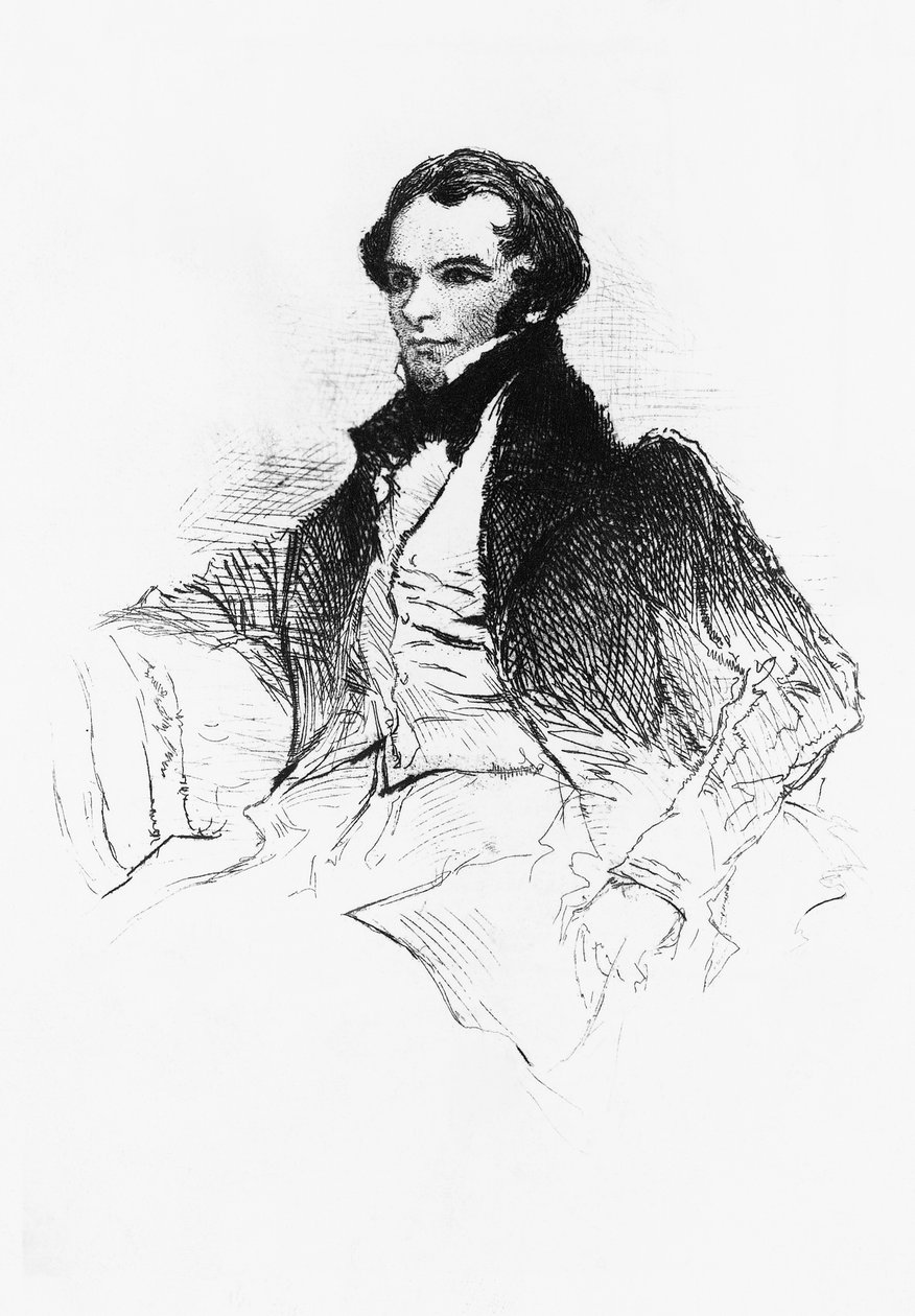 Porträtt av Prosper Merimee (1803-1870), fransk författare, dramatiker, historiker och arkeolog, gravyr från Prosper Merimee, Ses portraits, ses dessins, sa bibliotheque, av Maurice Tourneux, utgiven av Charavay freres av William M. Timlin