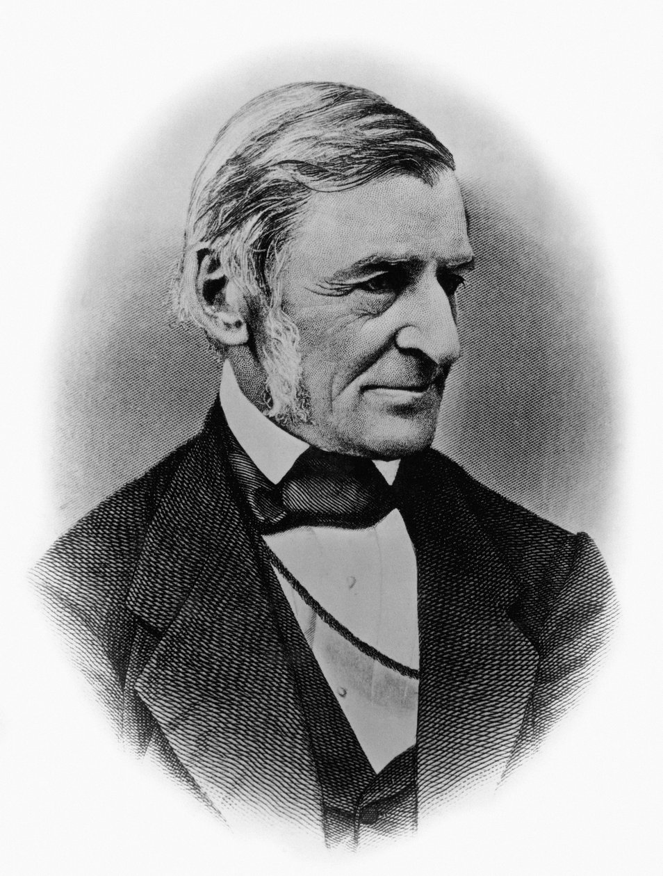 Porträtt av Ralph Waldo Emerson (1803-1882), amerikansk filosof, poet, författare, essäist och en av grundarna av den transcendentalistiska rörelsen, gravyr efter fotografi av William M. Timlin