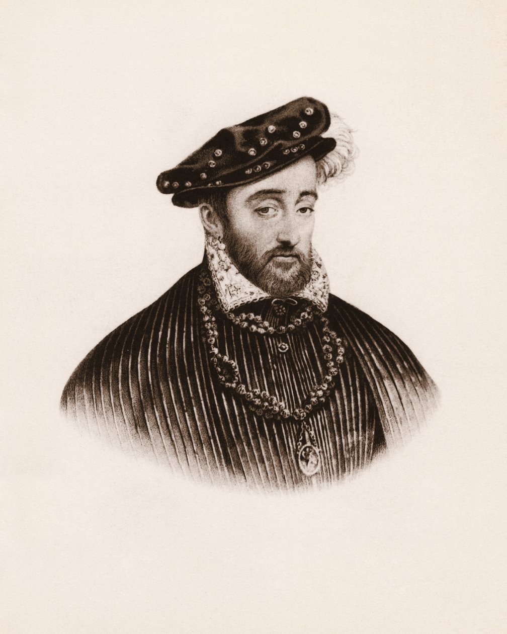 Porträtt av Frankrikes kung Henrik II (1519-1559) Gravyr från 1800-talet av Unbekannter Künstler