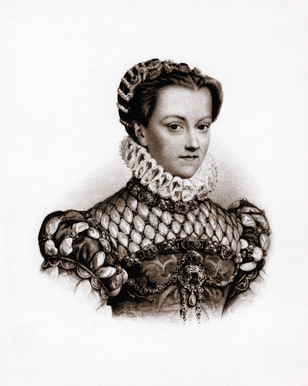 Porträtt av drottningen av Frankrike Elisabeth av Österrike (1555-1592) Gravyr från 1800-talet av Unbekannter Künstler