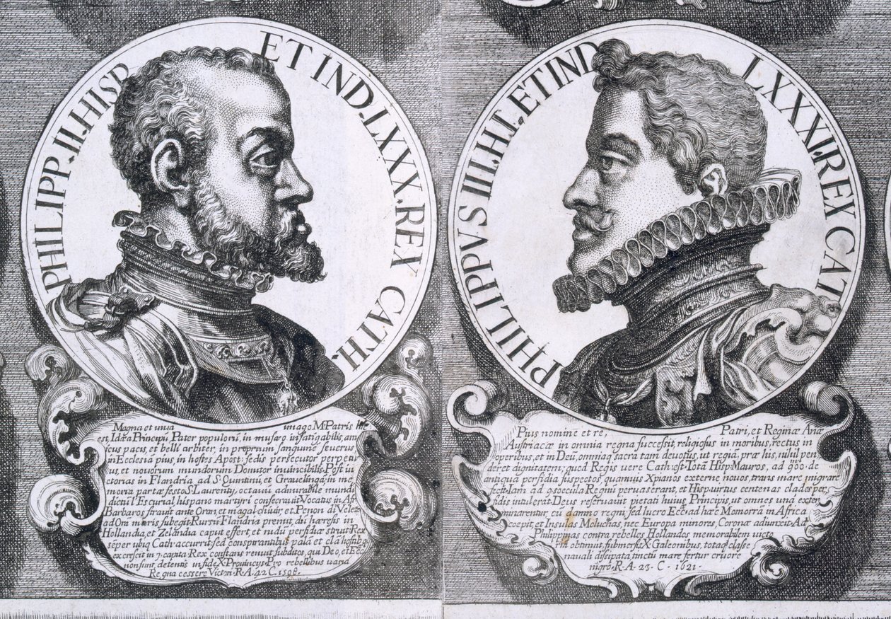 Porträtt av Filip II och Filip III av Spanien (litho) av Unbekannt