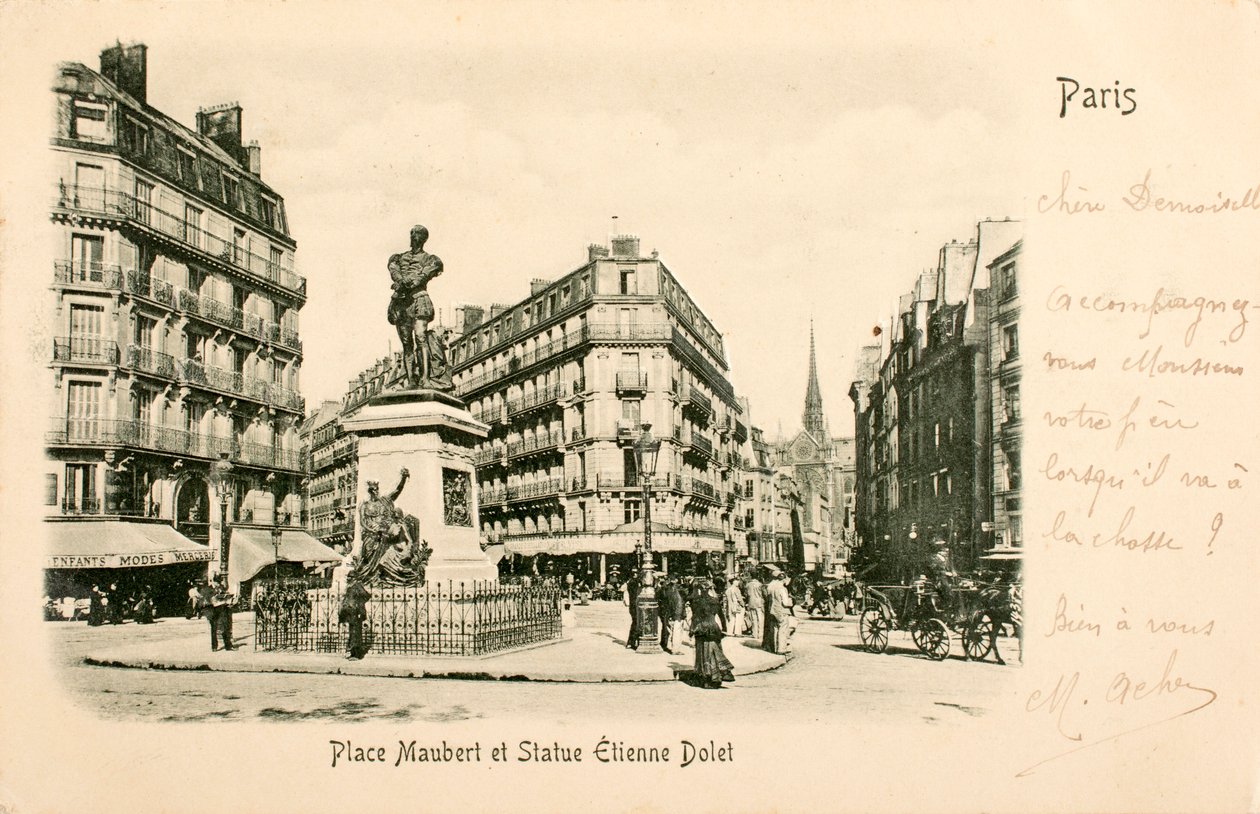 Vykort/Place Maubert/Staty Etienne Dolet/Paris/Seine/Ile de France/Frankrike av William M. Timlin