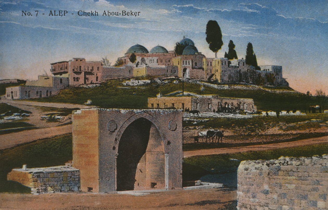 Vykort som föreställer Shaykh Abu Bakr-moskén i Aleppo, Syrien, ca 1920 (fotolito i färg) av Unbekannt
