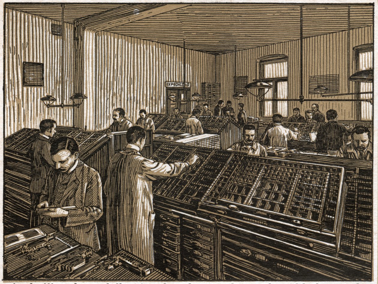 Tryckeri i Budapest. (gravyr, ca 1910) av Unbekannter Künstler