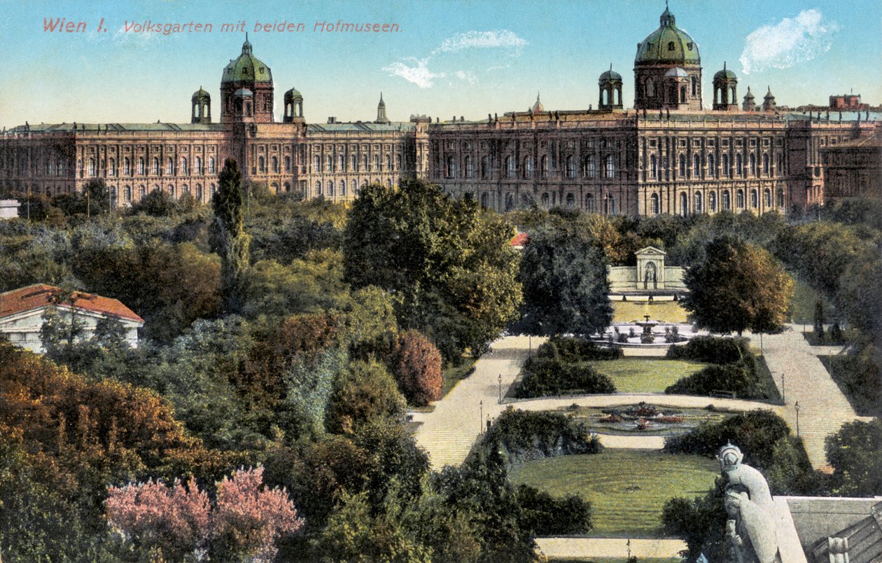 Offentliga trädgårdar med båda Hof-museerna, Wien, slutet av 1800-talet/2000-talet (vykort) av Unbekannter Künstler