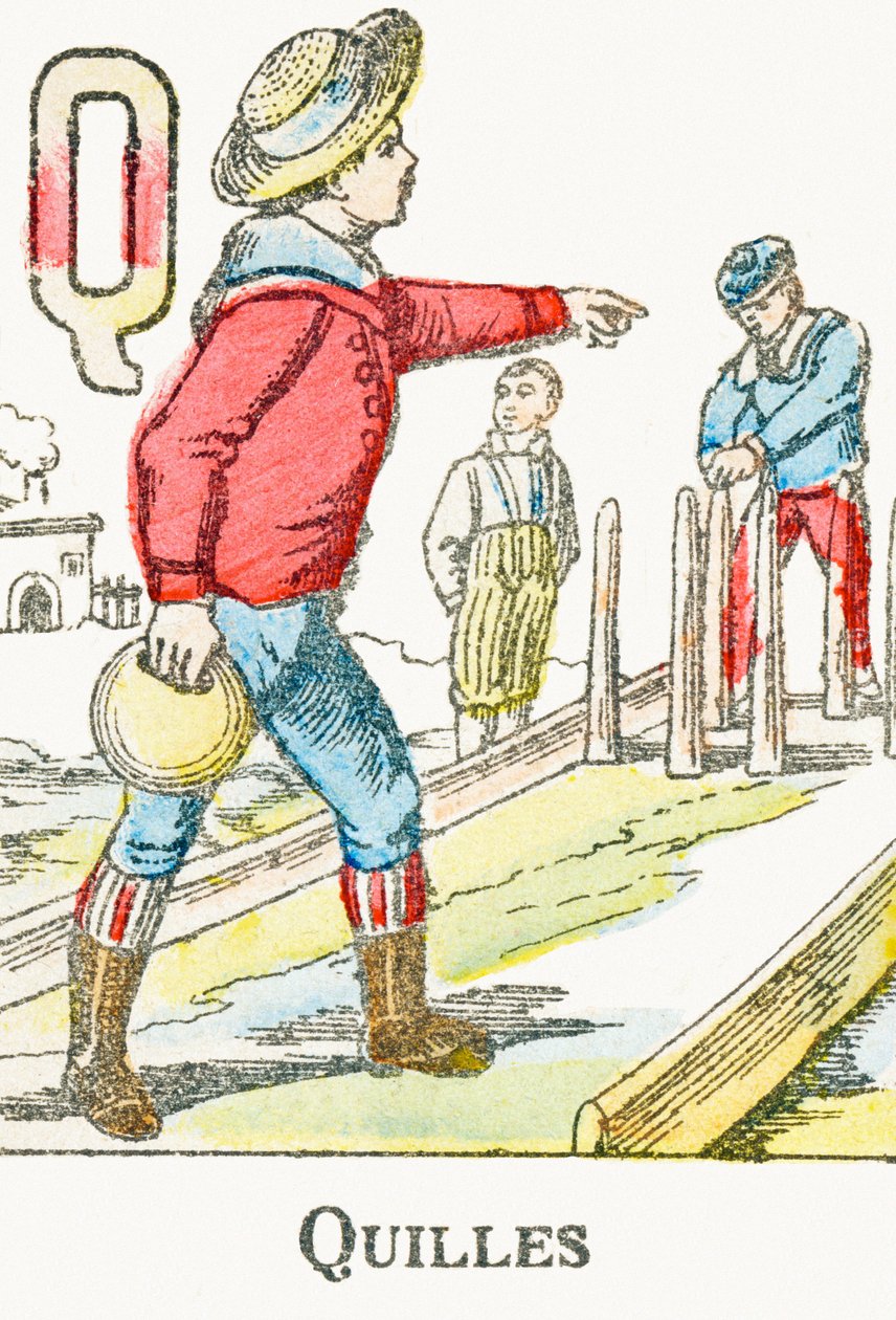 F: Skittles - Gravyr från "Alphabet des jeux", cirka 1890 av Unbekannt