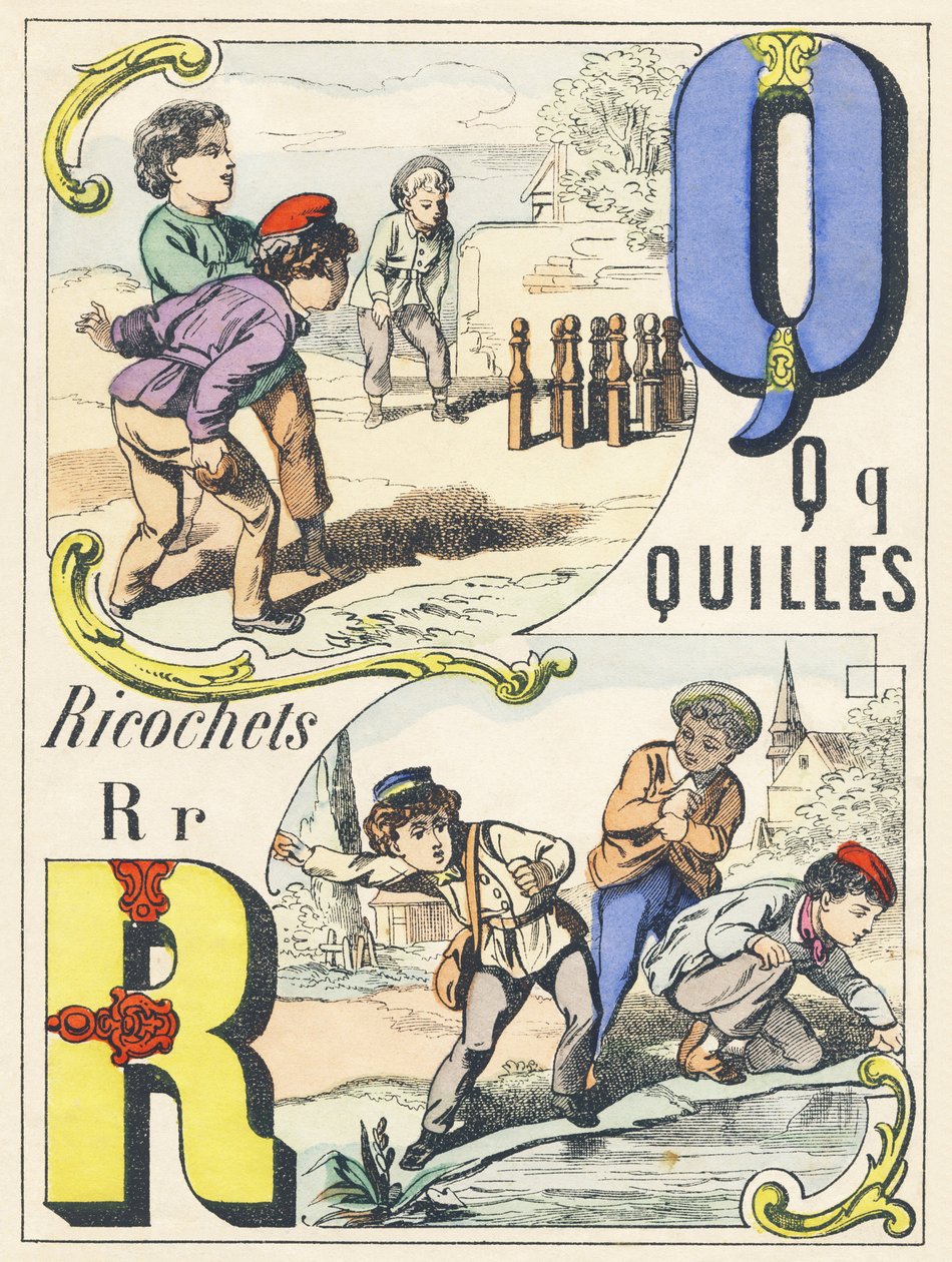 Q R: käglor, rikoschetter - Spelalfabetet, ca 1890 (illustration) av Unbekannt
