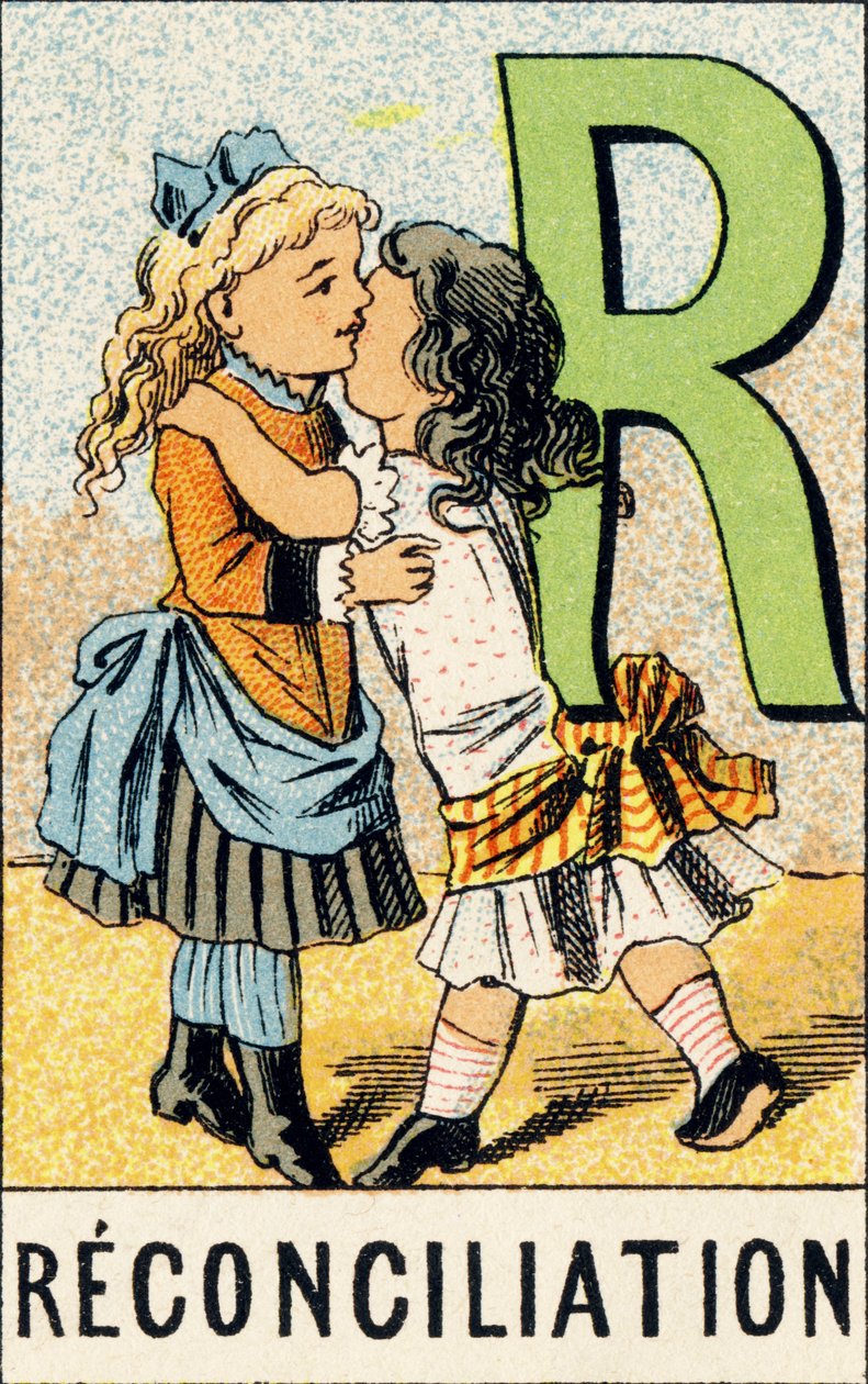A: Försoning - Gravyr hämtad från ABCD av små flickor. Pellerin & Cie, tryckare-förlag, Epinal, omkring 1890. Serie A. Mått: 19 x 13,5 cm. av Unbekannt