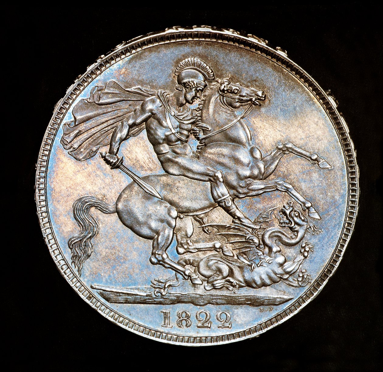 Sällsynt brittiskt mynt, Kung George IV, Proof Silver Crown, Englands skyddshelgon till häst med svärd på väg att dräpa draken, präglat av Bernedetto Pistrucci av Unbekannter Künstler