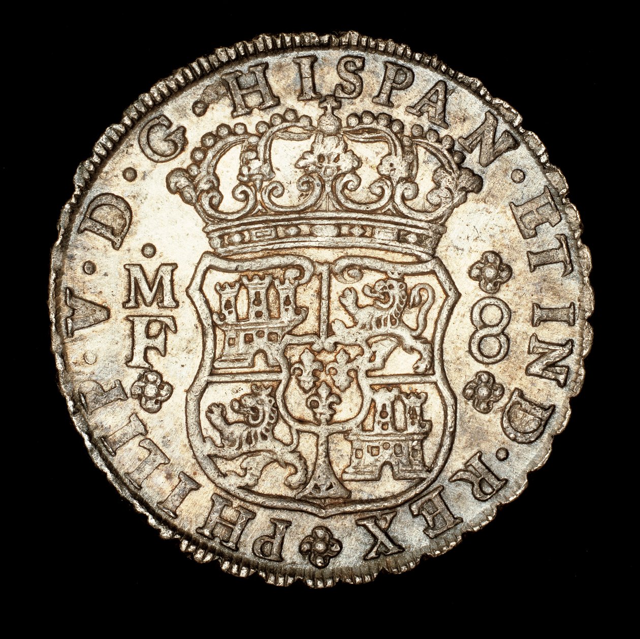 Sällsynt silvermynt, Spansk Amerika Kung Ferdinand VI, 8 Reale, Kronad sköld med Spanska Vapen 1740 (foto) av Unbekannter Künstler