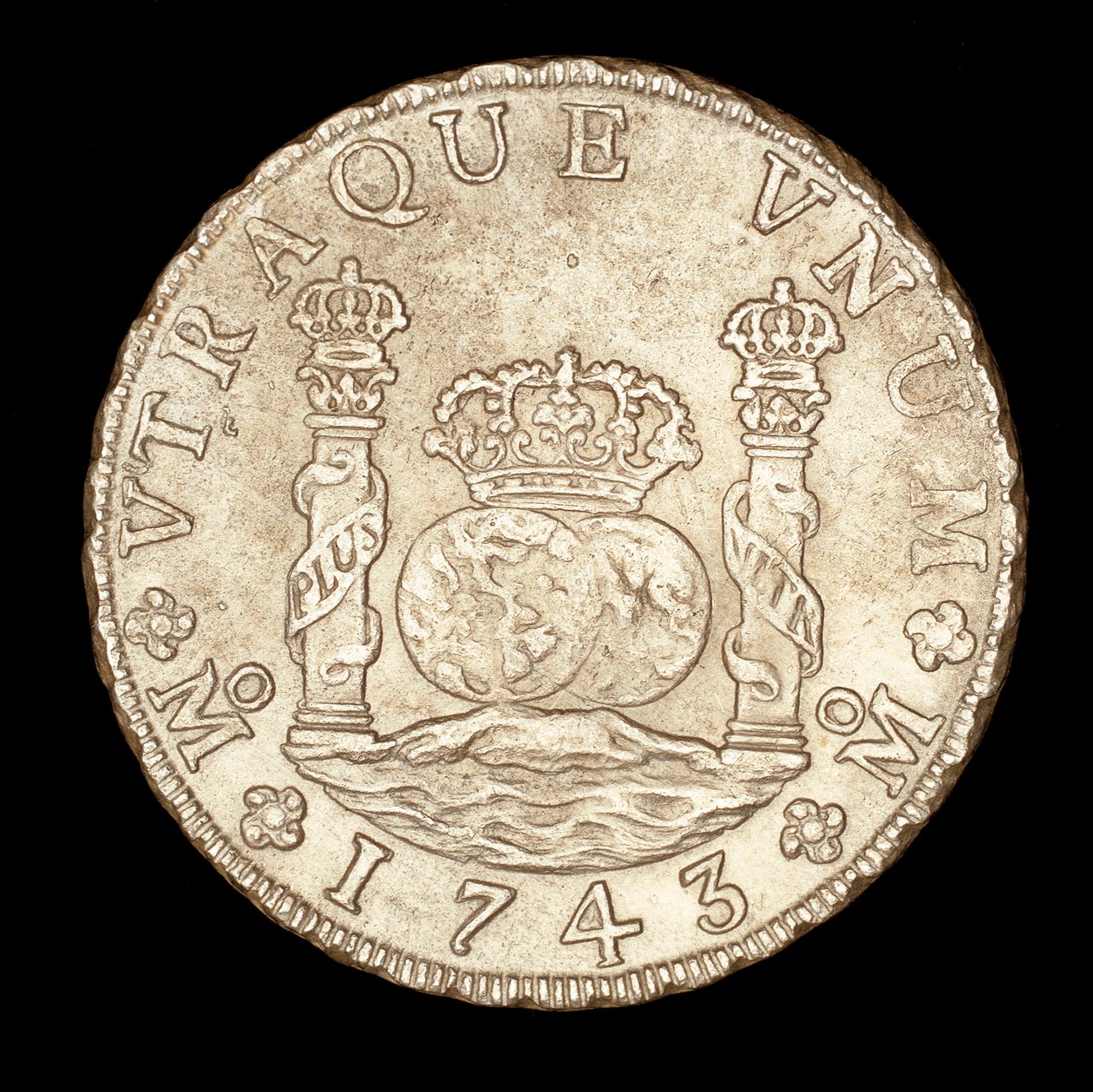 Sällsynt silvermynt, Spansk Amerika Kung Ferdinand VI, 8 Reale, Herkules pelare på Gibraltasundet med glober, krona av Unbekannter Künstler