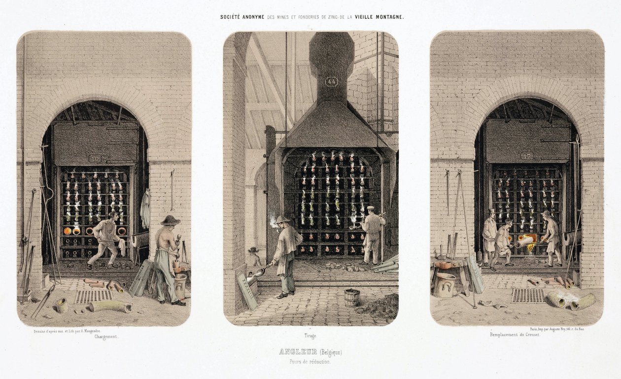 Råmaterialbearbetning, metallurgireduktionsugnar, zinkverk, Angleur, Belgien av Unbekannt