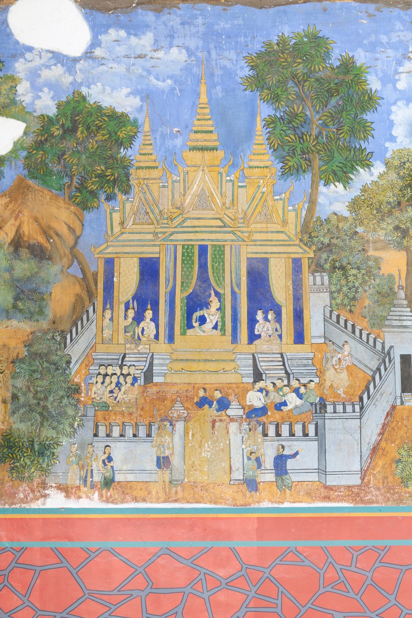 Reamker-fresker som pryder väggarna i det kungliga palatskomplexet i Phnom Penh, Kambodja (foto) av Unbekannter Künstler
