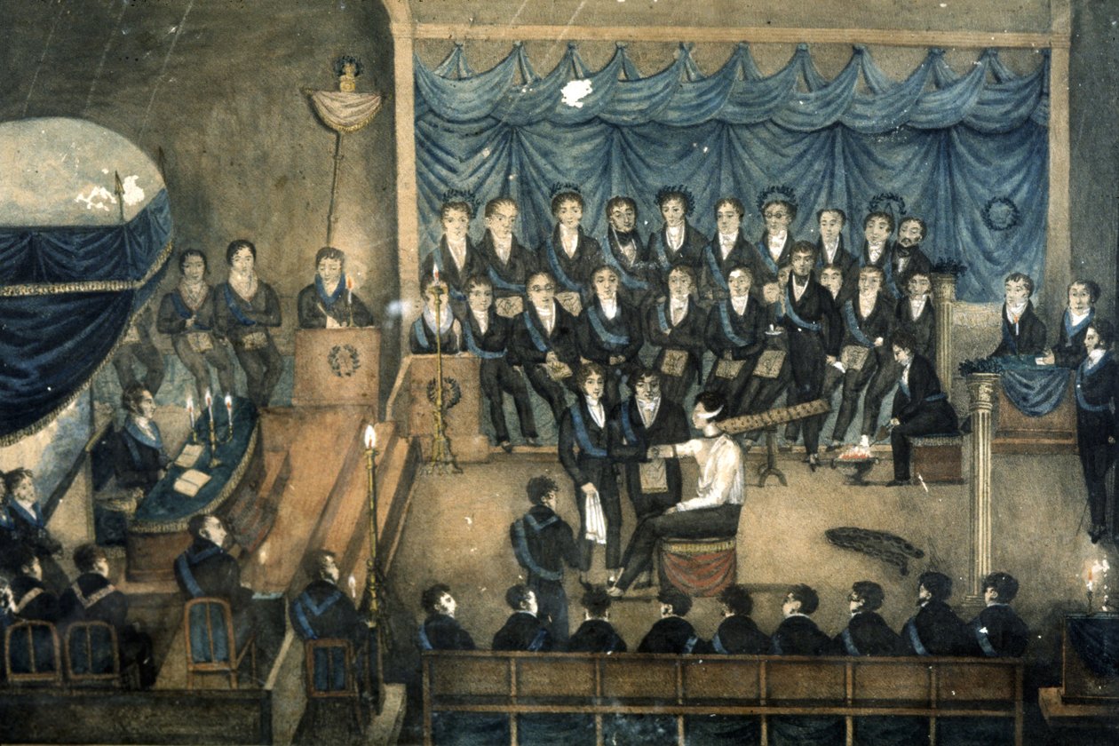 Mottagning av en murare i en loge, ca 1820 (akvarell) av Unbekannter Künstler