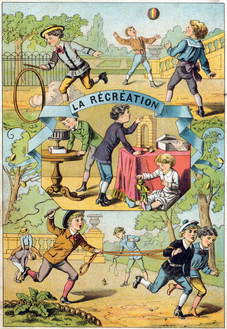Rekreation på skolgården. Gravyr i "Alphabet des petits ecoliers". Avbildning av Epinal, cirka 1885. Privee Collection av Unbekannt