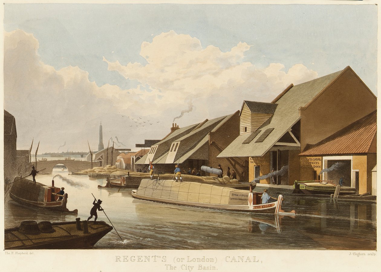Regent Canal (eller London Canal) (England) och Islington City Basin, det viktigaste trafikcentret på kanalen, beskrivs med lager och lastbryggor för varor av Unbekannter Künstler