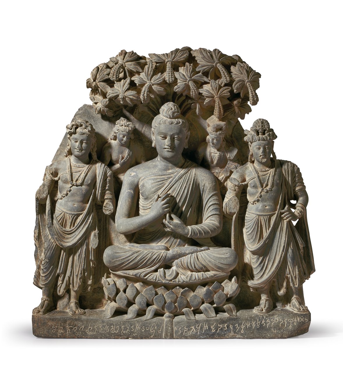 Relieftriad av Buddha Shakyamuni med bodhisattvor, 3:e-4:e århundradet (grå skiffer) av Unbekannter Künstler