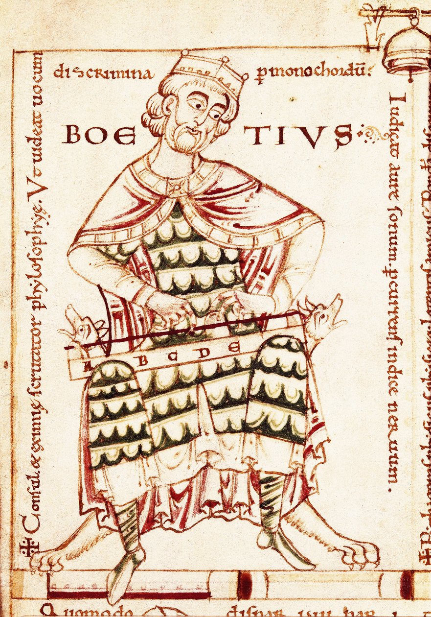 Representation av den latinska filosofen Boece (Anicius Manlius Severinus Boetius eller Boethius) (480-524) med ett musikinstrument (musikstudie). Miniatyr från ett Canterbury-manuskript. av Unbekannt
