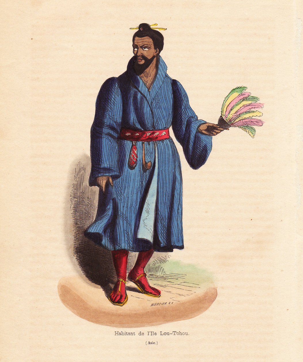 Invånare på öarna Ryu Kyu (Okinawa, Japan) - Man från Lou-Tchouöarna (RyukYuöarna eller moderna Okinawa) - Handkolorerat träsnitt av Mercier från "Habits, Uses et Costumes de tous les Peuples du Monde, Asie" av Auguste Wahlen, pseudonym för Jean av Unbekannter Künstler